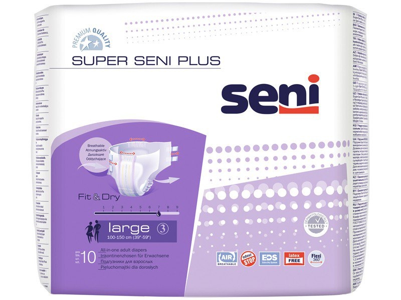 Seni Подгузники для взрослых Super Seni Plus Large дышащие 100-150 см 10 шт.