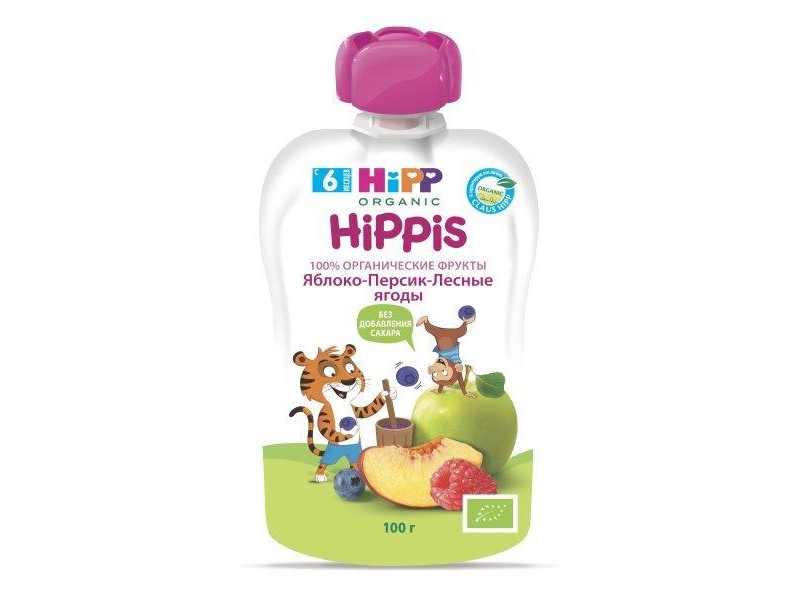 

Пюре Hippis Яблоко, персик, лесные ягоды 100 г, пауч