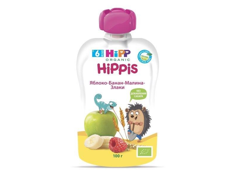 

Пюре Hippis Яблоко, банан, малина, злаки 100 г, пауч