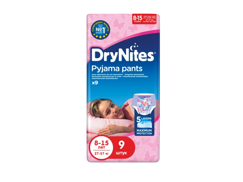 

Подгузники-трусики Huggies Dry Nites для девочек 8-15 лет (27-57 кг), 9 шт.