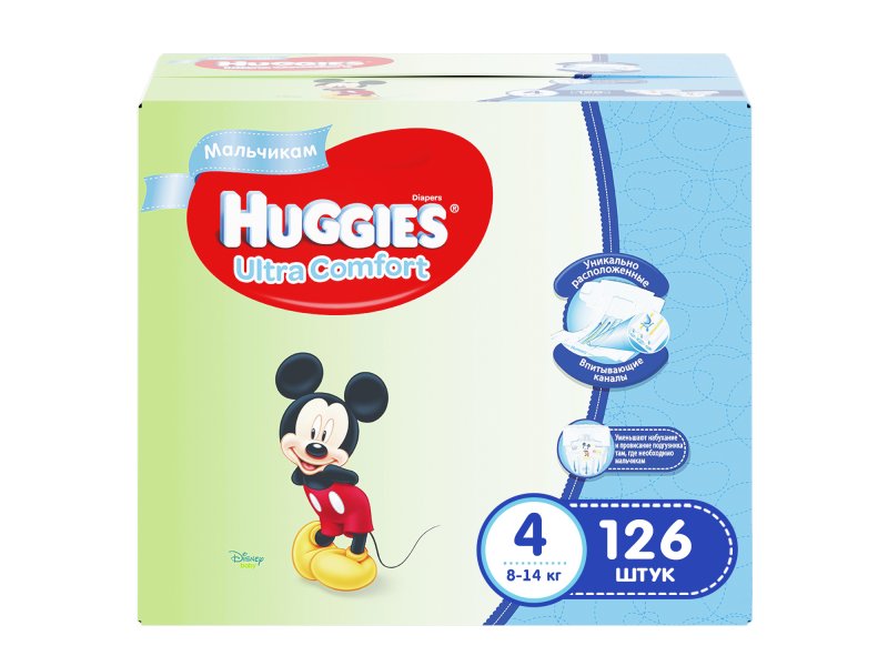 

Подгузники Huggies Ultra Comfort для мальчиков 4 (8-14 кг), Disney Box, 126 шт