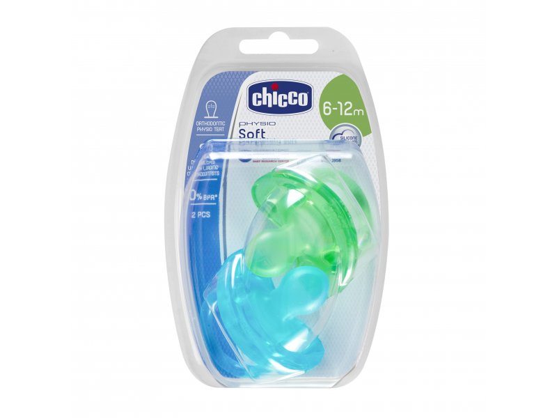 

Пустышка Chicco, Physio Soft силиконовая, 6-12 мес., 2 шт. голубой/зеленый