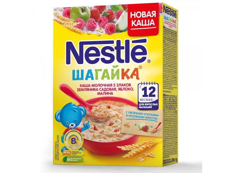 

Каша Nestle, Шагайка молочная 5 злаков с земляникой, малиной, яблоком, 200 г