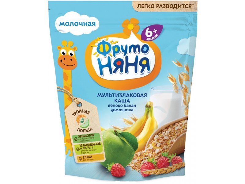 Каша Фрутоняня, молочная мультизлаковая с яблоком, бананом и земляникой 200 г пауч