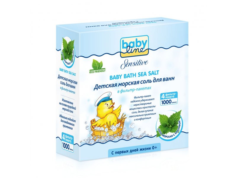 

Соль Babyline Sensitive детская морская для ванны, с крапивой, фильтр-пакет 4*250 г