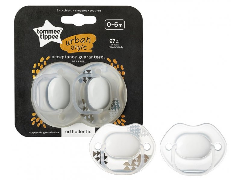 

Пустышки Tommee Tippee силиконовые Urban с рисунком, 2 шт. прозрачный
