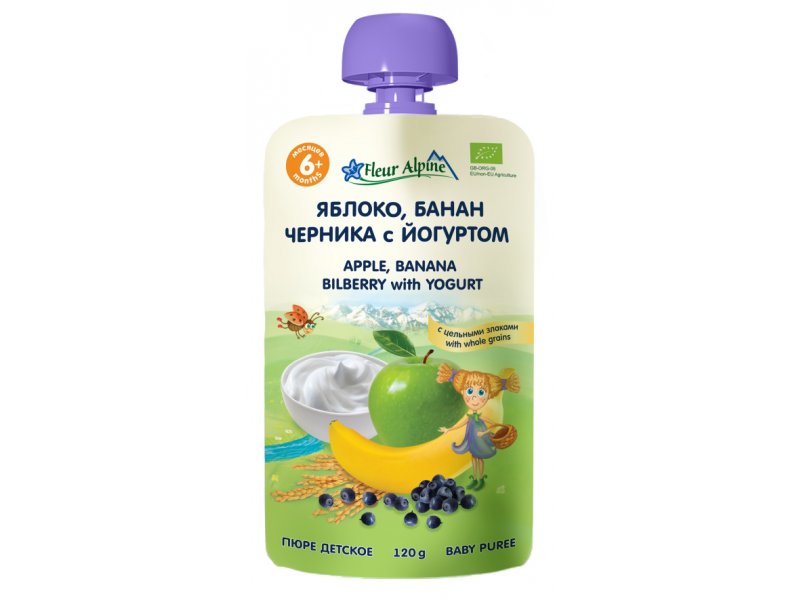 

Пюре Fleur Alpine Яблоко, банан, черника с йогуртом 120 г, пауч