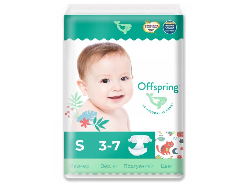 

Подгузники Offspring (3-7 кг), размер S, 48 шт., Котики