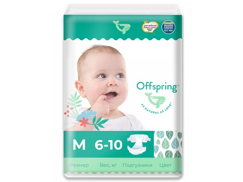 

Подгузники Offspring (6-10 кг), размер M, 42 шт., Листочки