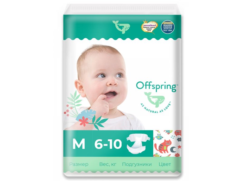 

Подгузники Offspring (6-10 кг), размер M, 42 шт., Котики
