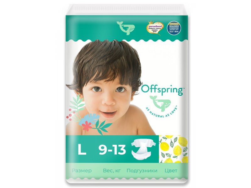 

Подгузники Offspring (9-13 кг), размер L, 36 шт., Лимоны