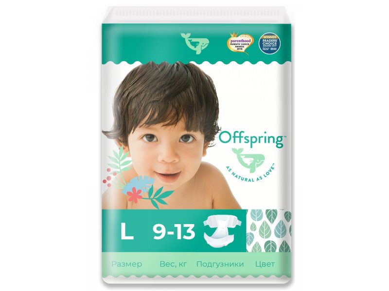 

Подгузники Offspring (9-13 кг), размер L, 36 шт., Листочки