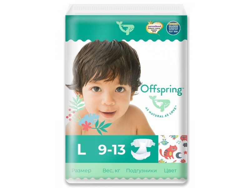 

Подгузники Offspring (9-13 кг), размер L, 36 шт., Котики