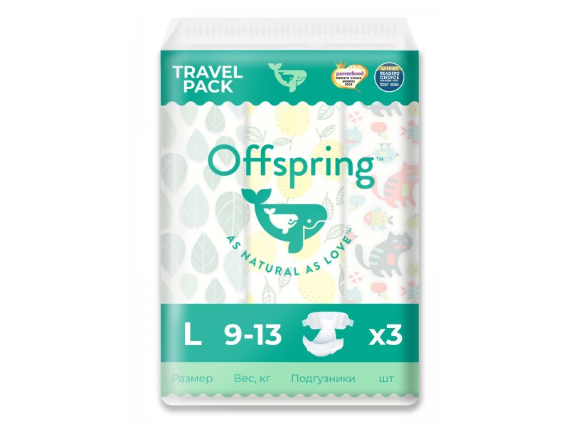 

Подгузники Offspring (9-13 кг), размер L, 3 шт., три цвета, дорожная упаковка