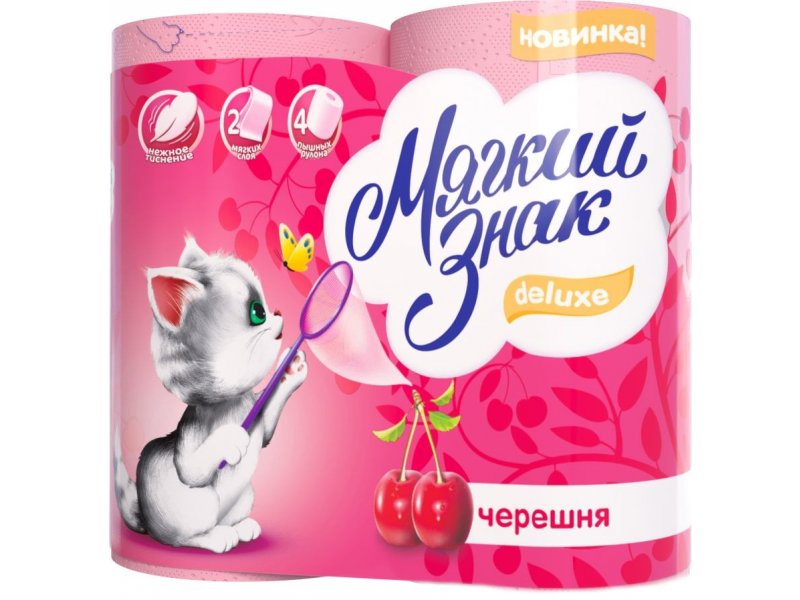 

Бумага туалетная Мягкий знак Deluxe, аромат Черешня 2 слоя 4 рулона розовый