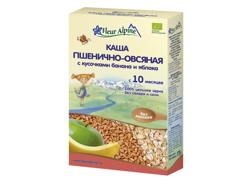 

Каша Fleur Alpine, безмолочная пшенично-овсяная с кусочками банана и яблока 175 г