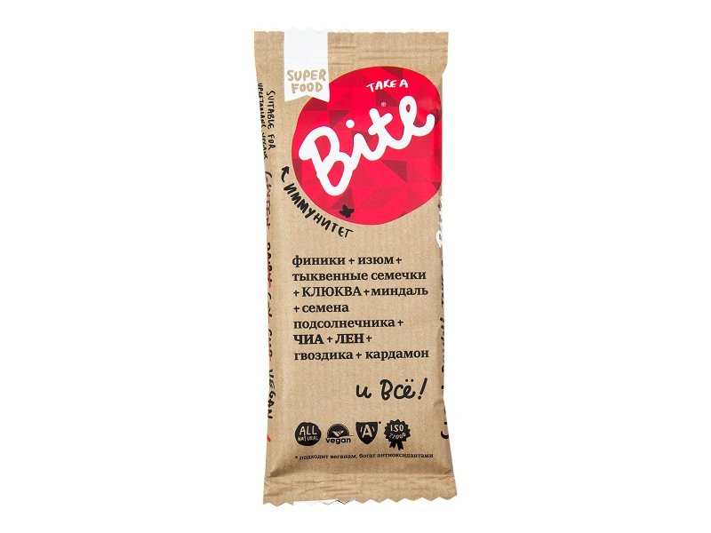 

Батончик Bite орехово-фруктовый, Иммунитет, Клюква, тыквенные семечки 45 г