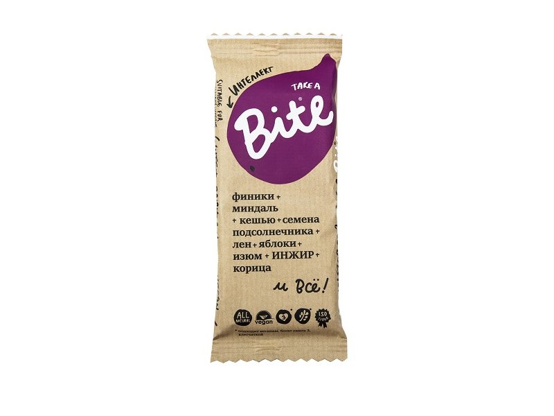 

Батончик Bite орехово-фруктовый, Интеллект, Миндаль, яблоко, корица 45 г