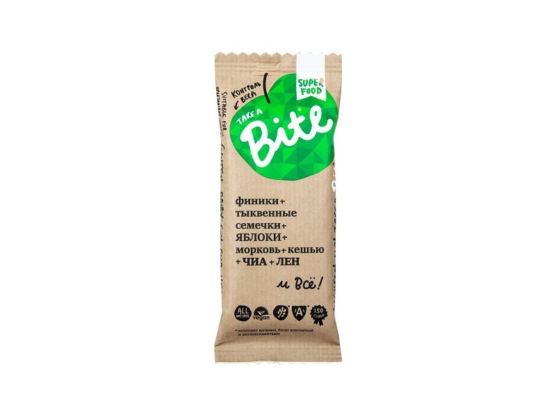 Батончик Bite орехово-фруктовый, Контроль веса, Морковь, кешью 45 г