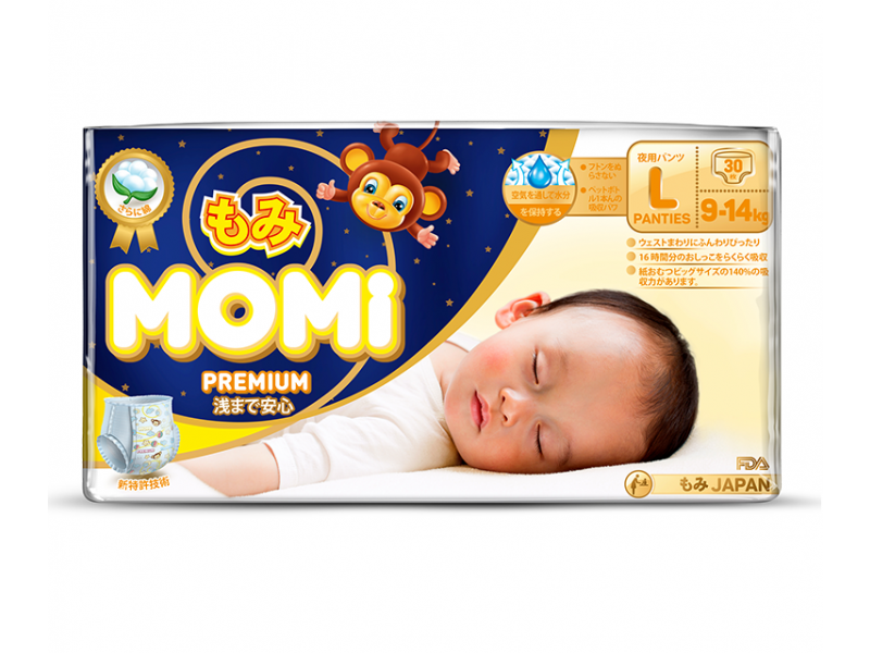 

Подгузники-трусики Momi Premium Night L (9-14 кг), 30 шт.