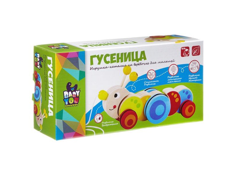 

Игрушка из дерева Bondibon, Каталка с веревочкой Гусеница