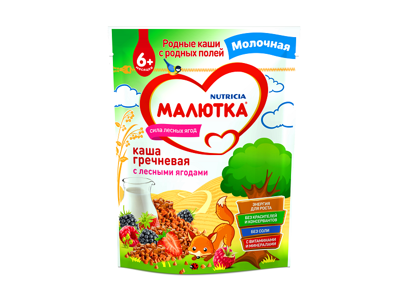 

Каша Малютка молочная гречневая с лесными ягодами (малина, ежевика, клубника) 220 г, пауч