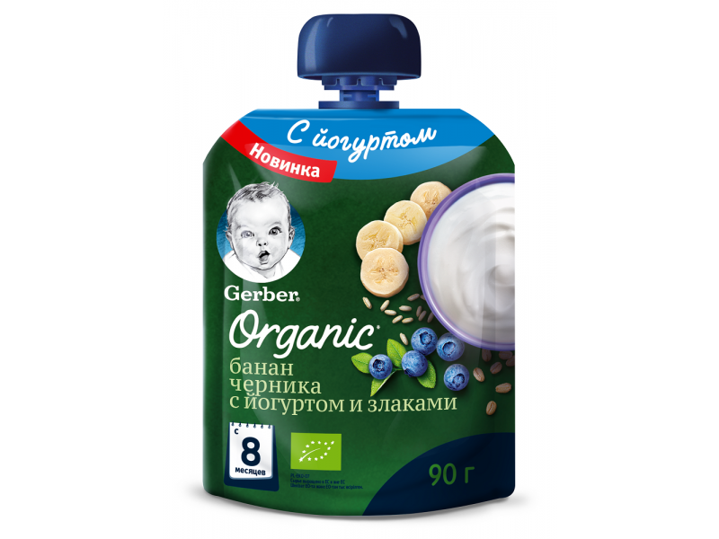 

Пюре Gerber Organic, Банан, черника с йогуртом и злаками 90 г, дойпак