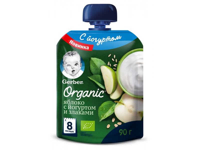 

Пюре Gerber Organic, Яблоко с йогуртом и злаками 90 г, дойпак