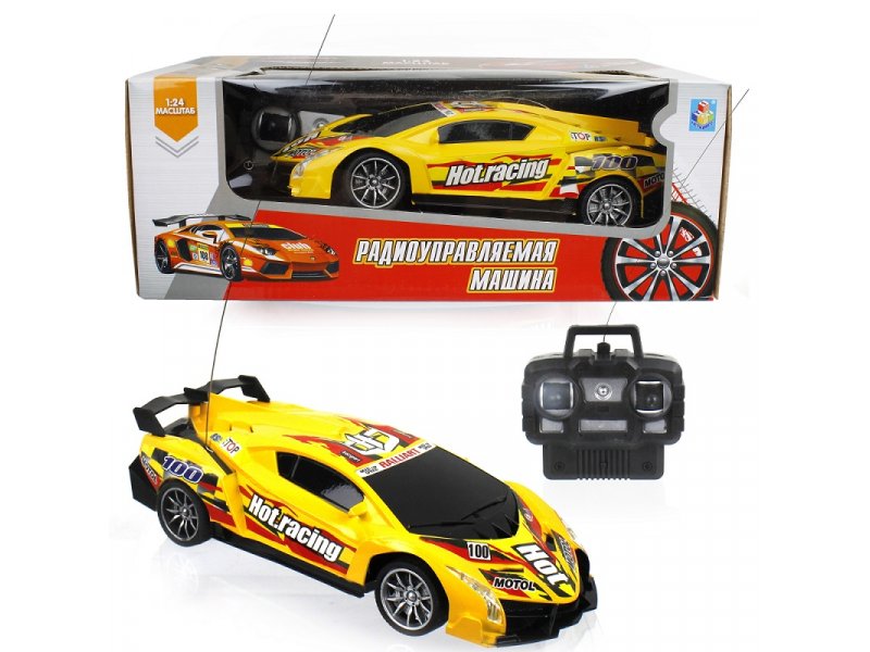 

Игрушка 1Toy Спортавто Машина на р/у, 27 МГц, 4 канала, на батарейках, свет, 1:24 желтый