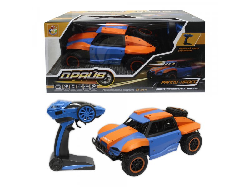 

Игрушка 1Toy Драйв, раллийная машина на р/у, 2,4GHz, 4WD, до 25км/ч, курковый пульт, с АКБ, 1:18 голубой/оранжевый