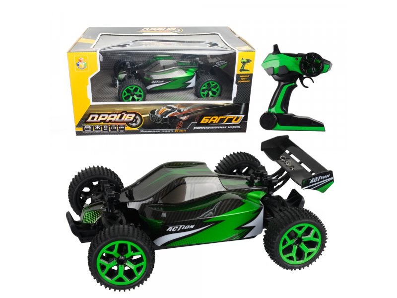 

Игрушка 1Toy Драйв, машина на р/у, 2,4GHz, 4WD, до 20 км/ч, свет, курковый пульт, с АКБ 700mAh Ni-CH зеленый