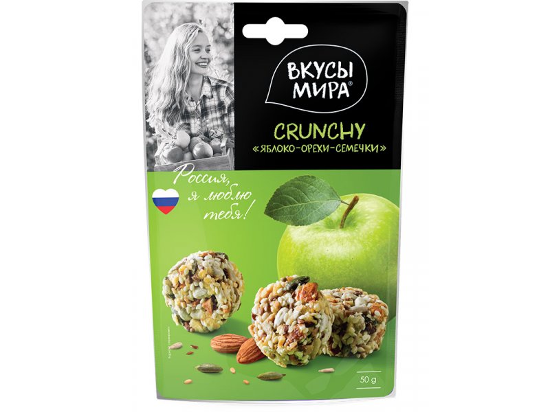 

Снеки Вкусы Мира, Crunchy Яблоко, орехи, семечки 50 г