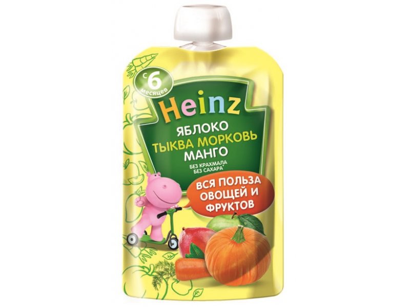 

Пюре Heinz Яблоко, морковь, тыква, манго 90 г, пауч