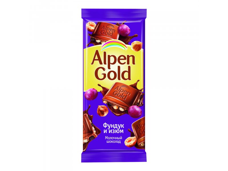 Alpen Gold Шоколад Alpen Gold молочный с фундуком и изюмом, 90 г
