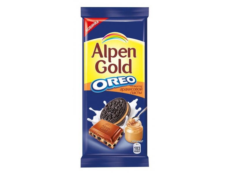 Alpen Gold Шоколад Alpen Gold Oreo с начинкой со вкусом арахисовой пасты и кусочками печенья, 95 г