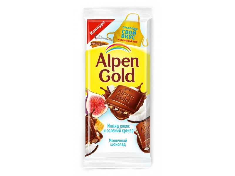 Alpen Gold Шоколад молочный Alpen Gold молочный с инжиром, кокосом и соленым крекером, 85 г