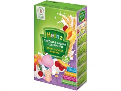 Каша Heinz, Лакомая молочная пшеничная с персиком, абрикосом, вишенкой 200 г 1-00007792_1