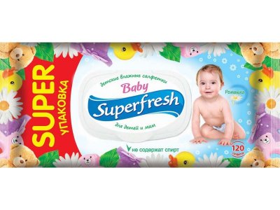 Салфетки влажные Superfresh Baby для детей и мам с ромашкой, с клапаном, 120 шт. 1-00207021_1
