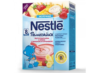 Каша Nestle, Помогайка молочно-йогуртовая 3 злака с бананом и клубникой 200 г 1-00003247_1