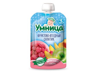 Пюре Умница, Яблоко, малина, персик, пауч 100 г 1-00210195_1