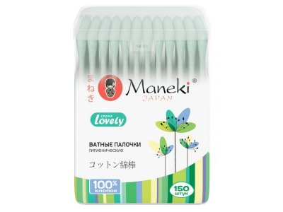 Палочки ватные Maneki зеленые с бумажным стиком, 150 шт. пластик 1-00216560_1