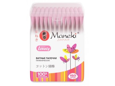 Палочки ватные Maneki розовые с бумажным стиком, 150 шт. пластик 1-00216561_1