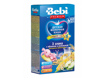 Каша Bebi Premium, молочная д/слад.снов - 3 злака с яблоком и ромашкой с преб. 200 г 1-00068297_1