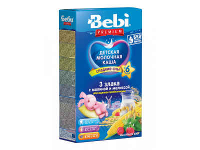 Каша Bebi Premium, молочная д/слад.снов - 3 злака с малиной и мелиссой с преб. 200 г 1-00068298_1