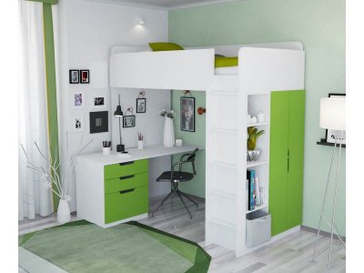Кровать-чердак Polini kids Simple с письменным столом и шкафом, МДФ 1-00251716_1