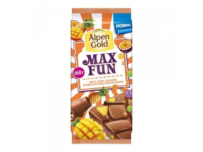 Шоколад Alpen Gold Max Fun молочный с манго, маракуйей, ананасом, рисовые шарики, взрывная карамель, 1-00267691_1