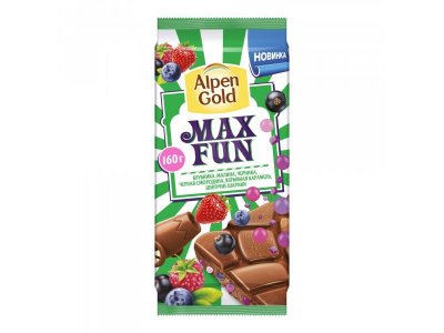 Шоколад Alpen Gold Max Fun молочный с клубникой, малиной,черника, рисовые шарики, взрывная карамель, 1-00267692_1