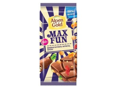 Шоколад Alpen Gold Max Fun молочный со взрывной карамелью, мармеладом и печеньем, 160 г 1-00267693_1