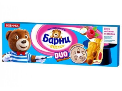 Пирожное Медвежонок Барни Duo бисквитное со вкусом малины и кокоса, 150 г 1-00267715_1