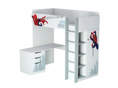Кровать-чердак Polini Kids Marvel Человек-паук, с письменным столом и шкафом 1-00337136_1